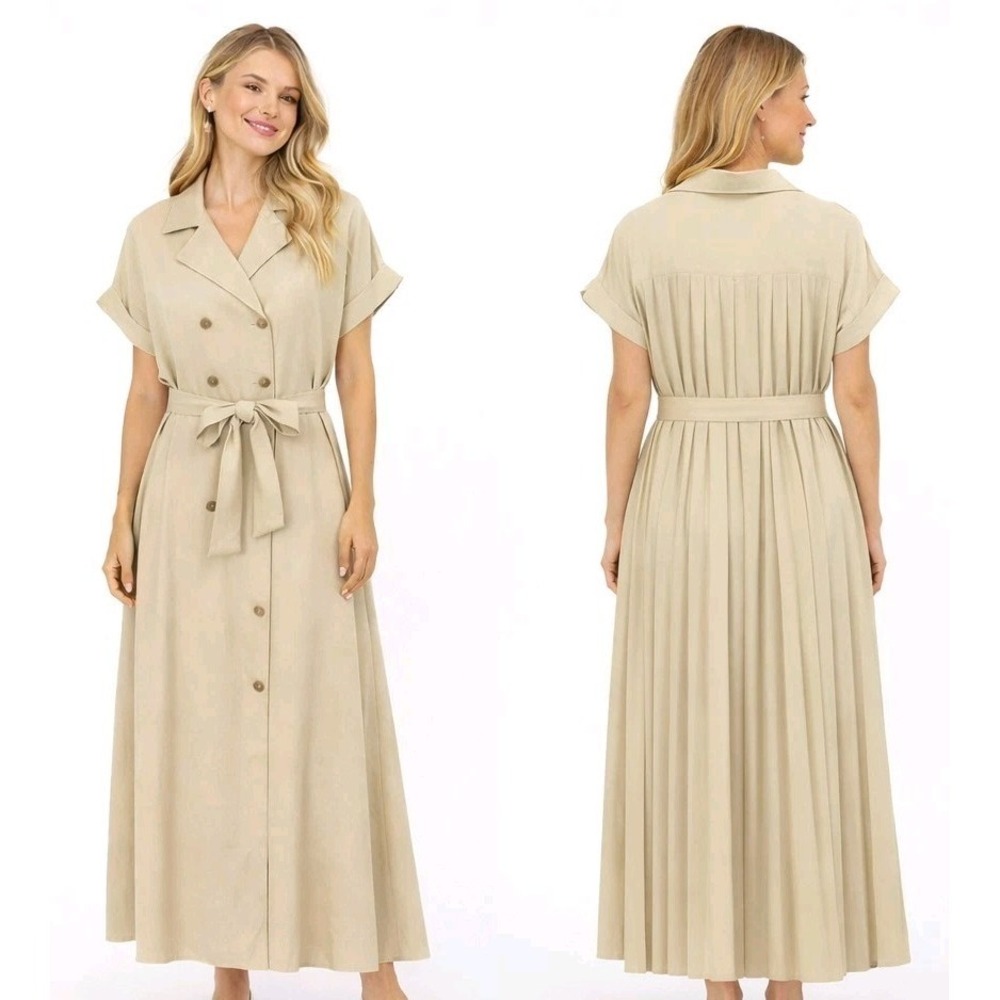 TheLifeStyled Co Dress Womens L Beige Pleated Belted Shirt Maxi Minimalist Long